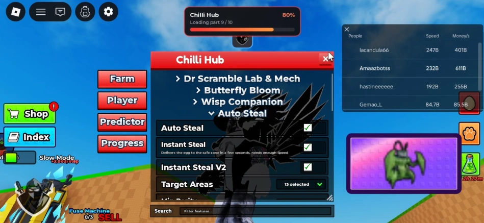 Delta for PC 2 Roblox Chilli Hub Auto Steal menu